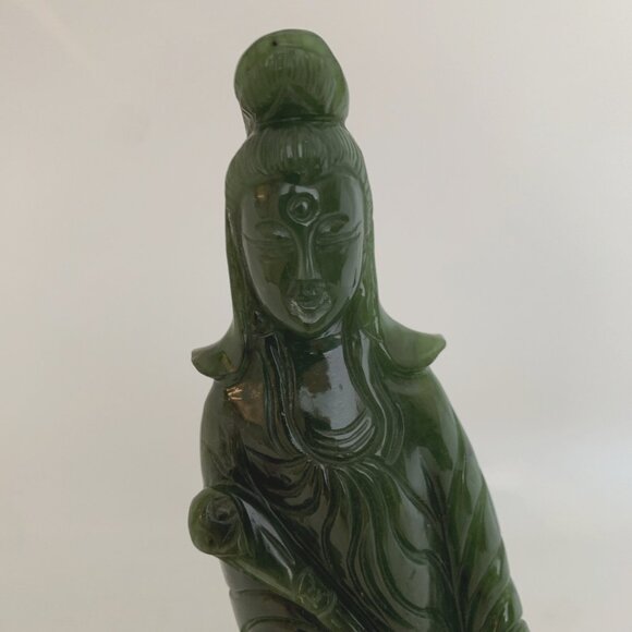 Chinese Nephrite Jade Guanyin 7" Statue w/Stand Hand Carved Deep Green Goddess - Picture 2 of 15
